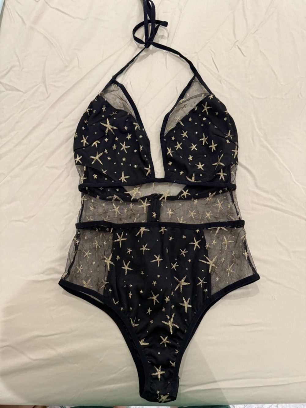 Black Star-Embroidered Sheer Halter One-Piece Swimsuit